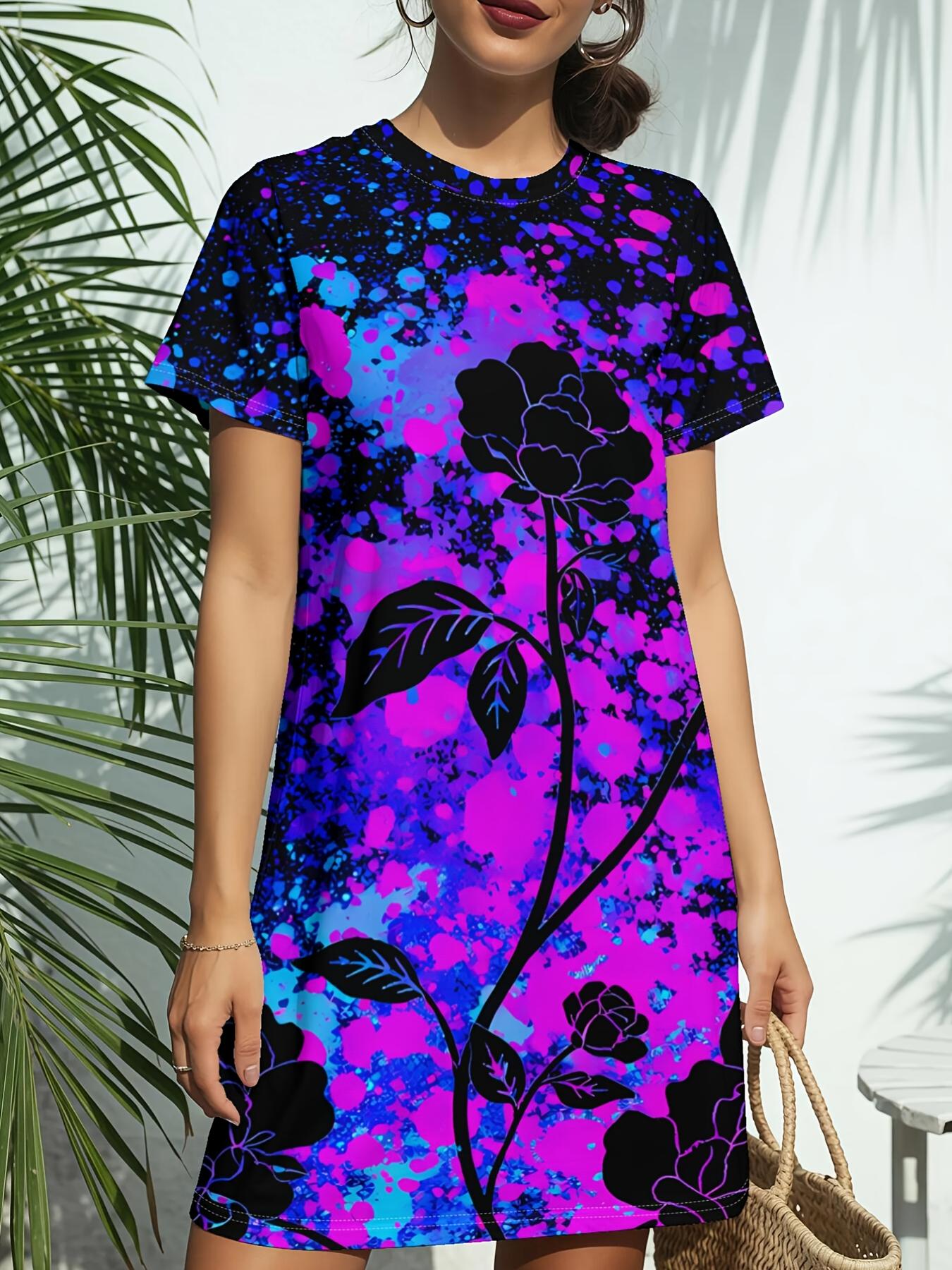 

Women s Purple Galaxy Star Print Short Sleeve T-Shirt Dress - Round Neck Casual Short Dress with T-Shirt Top ; Dress Length. Spring Summer Blouse Dres 9XL дубильная кора