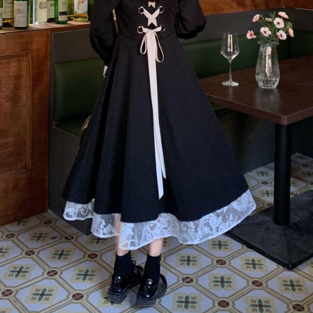 Slim Fit Lace Princes Dress Pleated Puff Long Sleeved Dress Fashion Girls Long Dress  Ladies