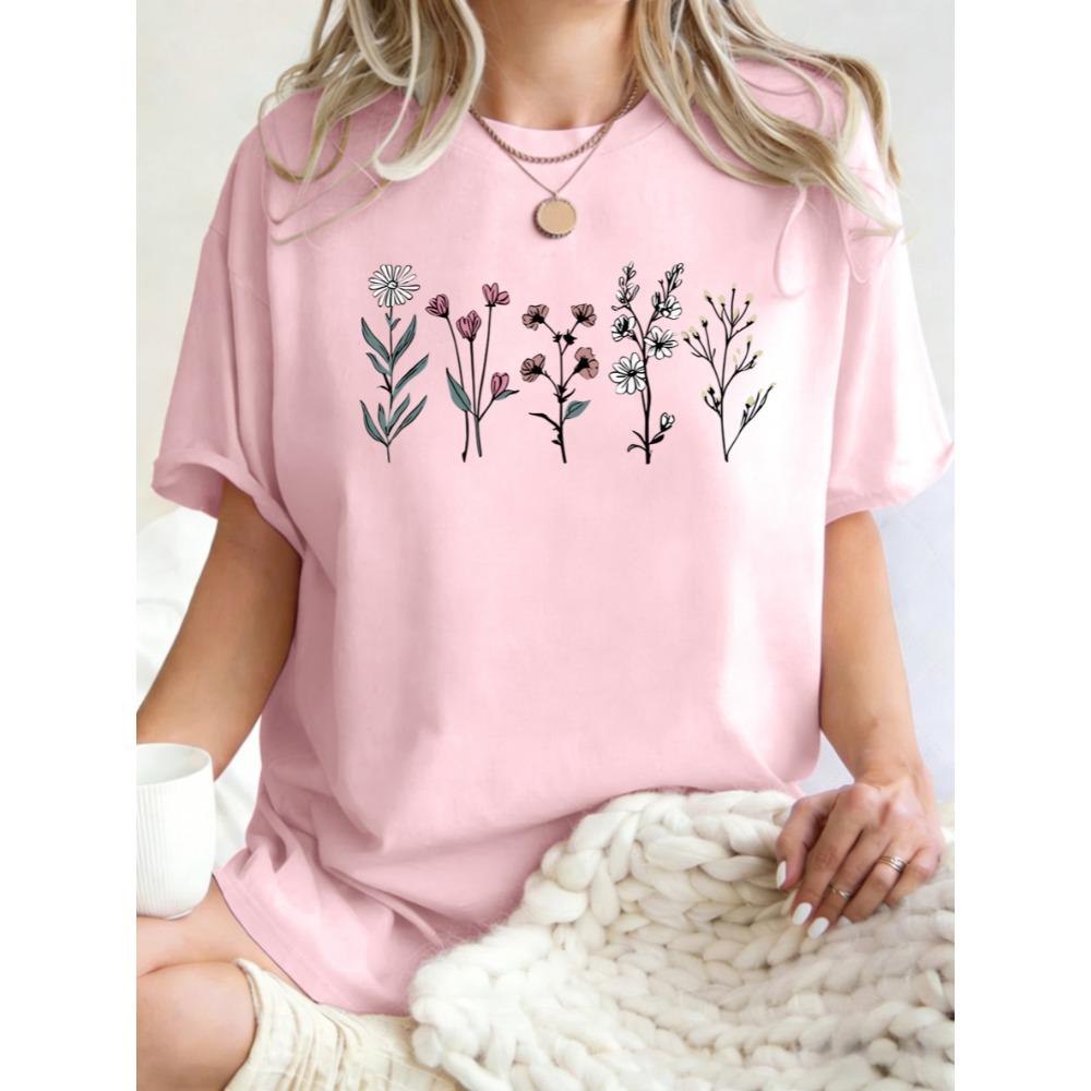 T-shirt z nadrukiem pięknych kwiatów, damski, bawełniany, luźny, letnia odzież, wygodny, Y2K, streetwear