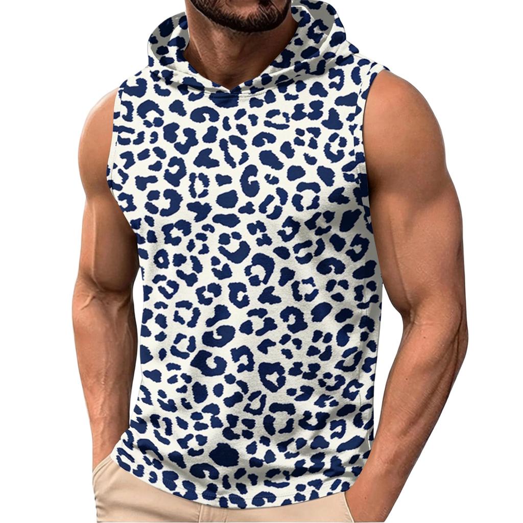 Men's Sleeveless Hoodie Lightweight Casual Vest with Leopard Print Pattern Fashionable Design for Summer Outdoor Activities Gym and Daily Wear
