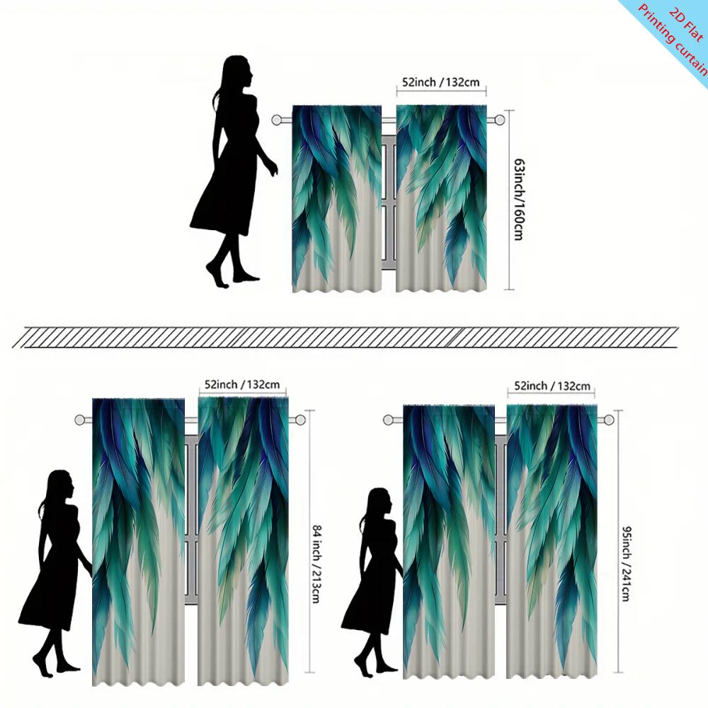 2PC Home Feather Leaf Digital Printed Pattern Curtains with Landscape Background and Pole Bag Curtains, Kitchen, Coffee Shop, Li