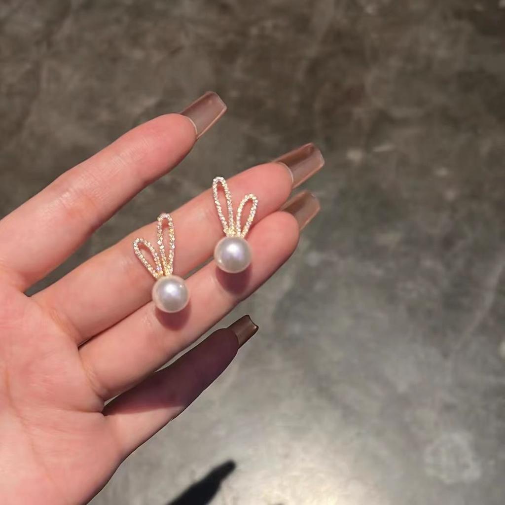111 Silver Needle Pearl Diamond Rabbit Ear Stud Earrings Women's Small Cute Sweet Rabbit Earrings Exquisite Versatile Earrings