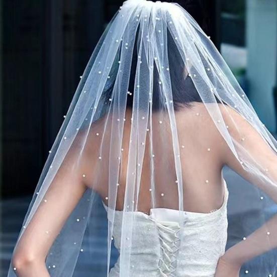 Bridal Veil with Faux Pearls Embellishment Women Lightweight Breathable Tulle Bride Veil Lightweight Short Bridal Veil