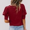 Women Top Round Neck Patchwork Lantern Sleeves Solid Color Loose OL