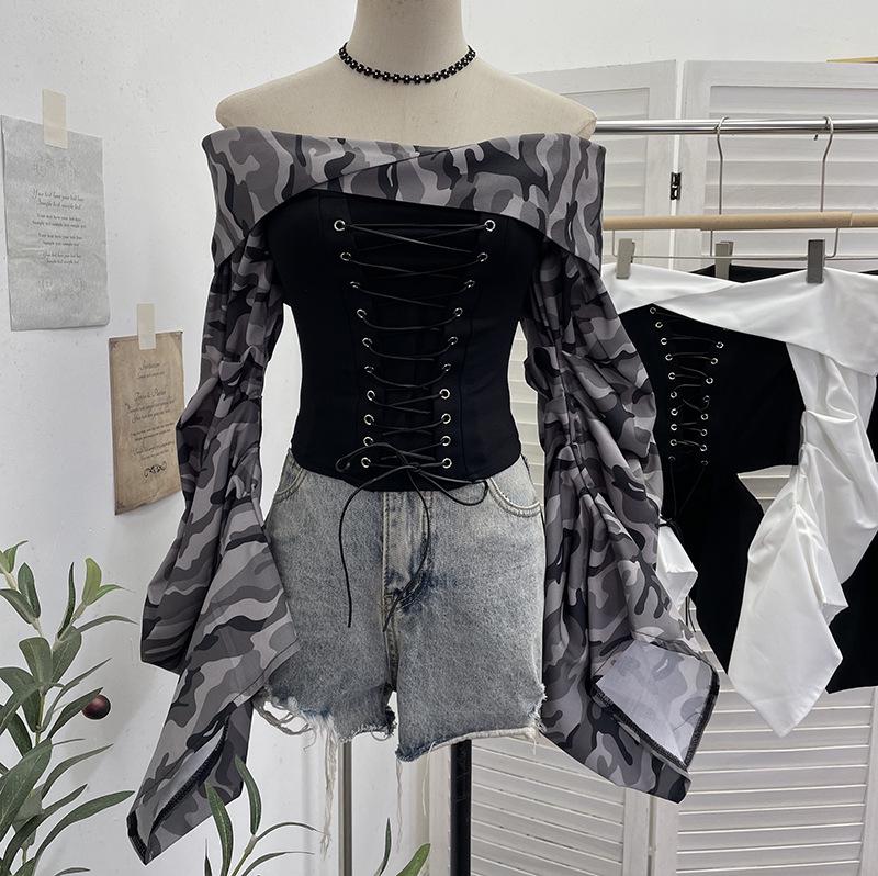 American Retro Camouflage Lace-up Pleated Shirt