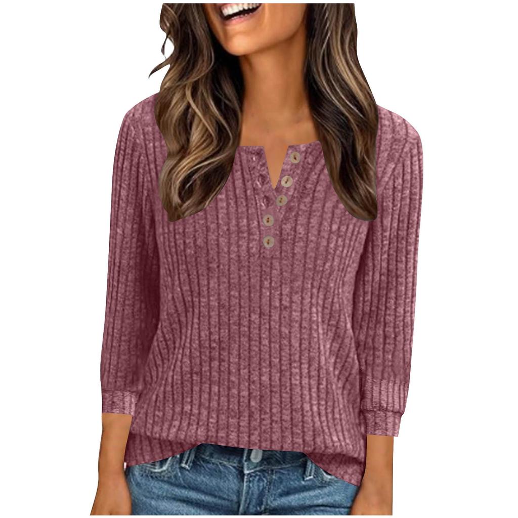 Women's Fashion Casual Button-Up V-Neck Knit Loose-Fit Three-Quarter Sleeve Top