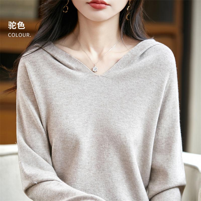 Women S Loose Hooded Long Sleeve Knit Sweater Color Block Commute Style