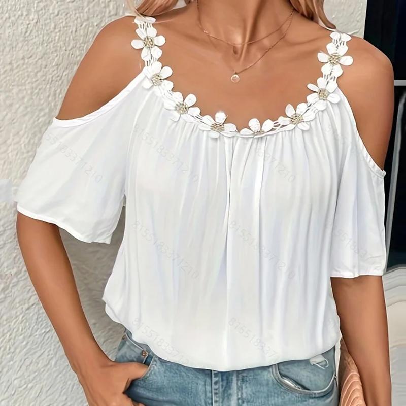 Off Shoulder Summer Sexy Women Blouse Flowers Loose Short Sleeve Shirt Ladies Elegant Casual O-neck Loose White Tops