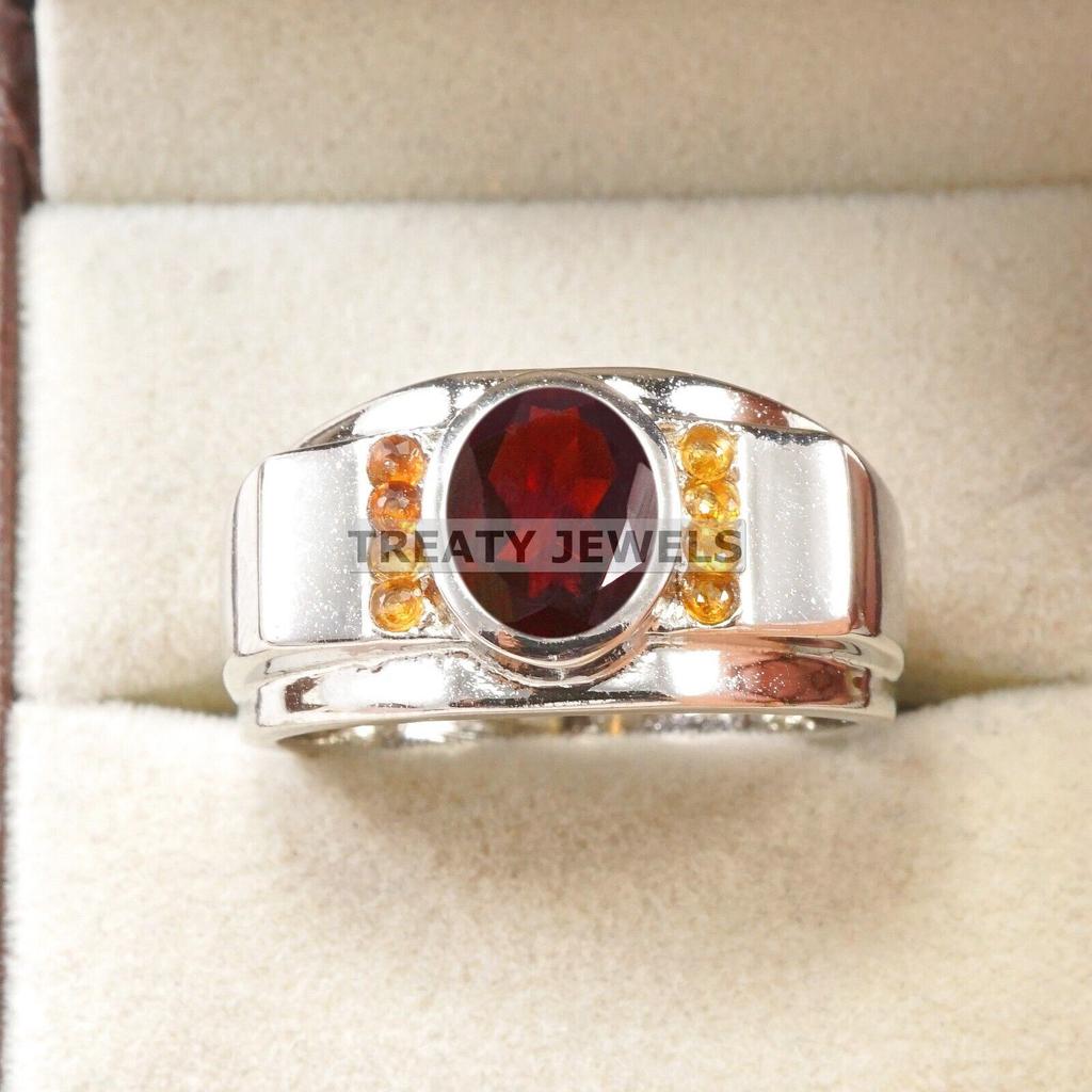 Garnet Oval Cut Gemstone With 925 Sterling Silver Ring For Men's #B114 JL375671457428