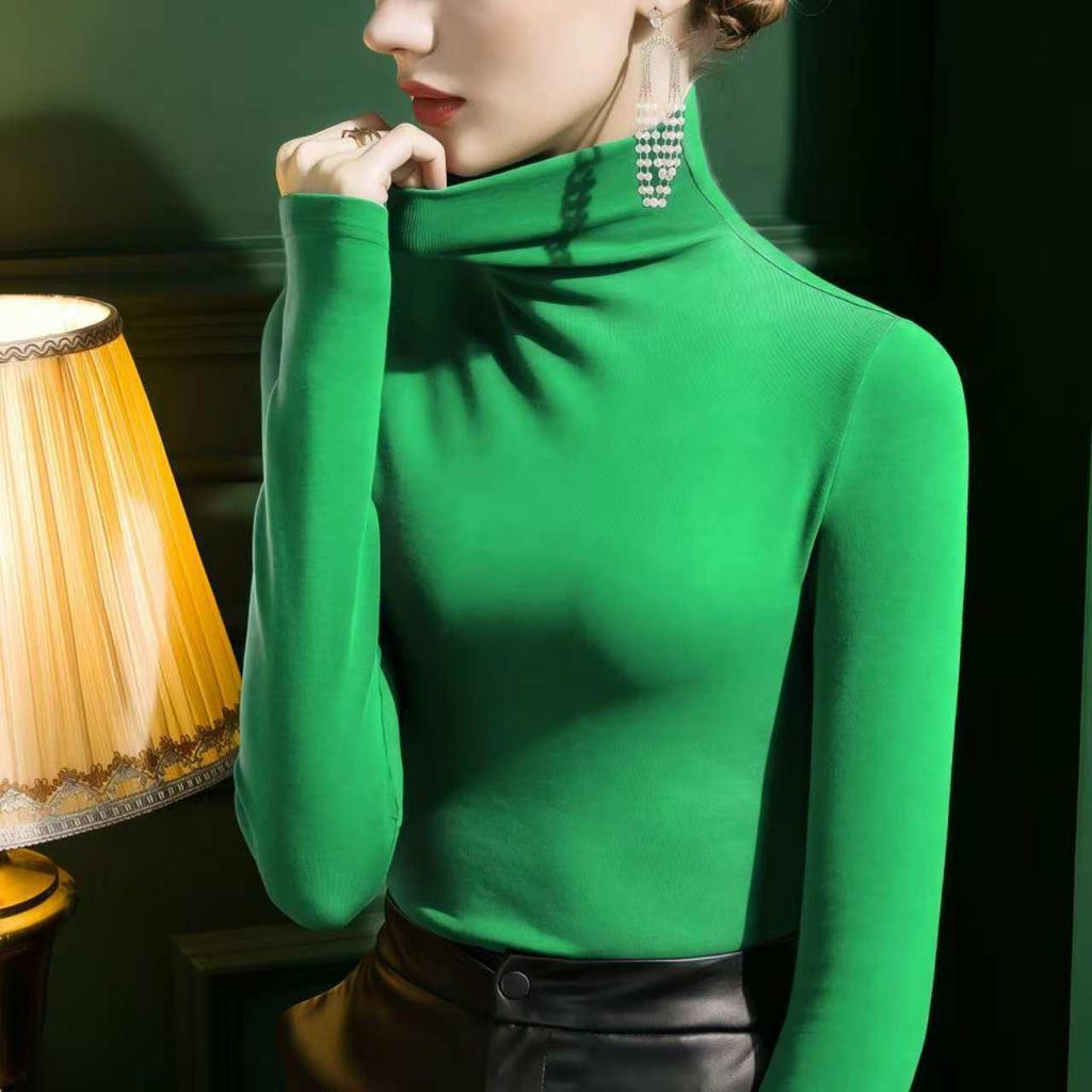 Brushed Women's Semi-High Neck Slimming Long Sleeve Top - Fashionable and Versatile.