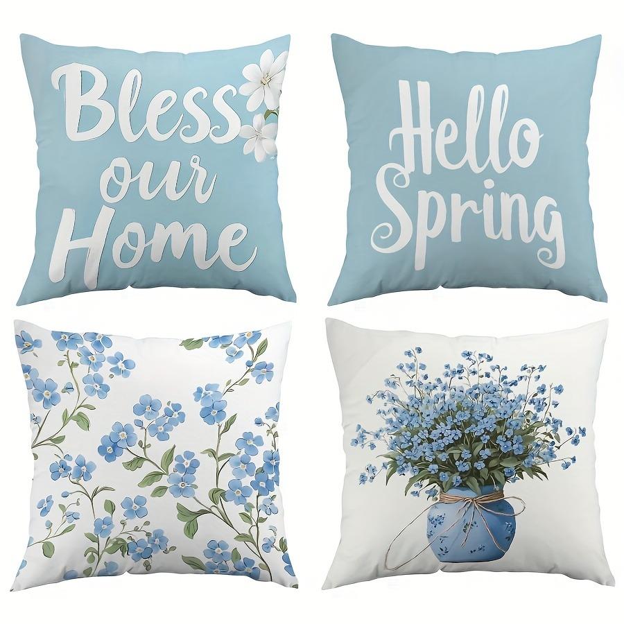 Tinika Chen Unisex Light/Blue Spring Blessing Pillowcasebedroom Living Room Sofa Home Decor Polyester Cushion Cover With Zipper