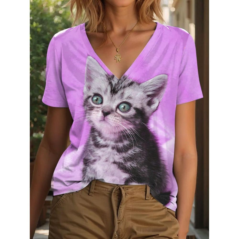 Women's T Shirt Graphic Animal Cat Vintage Stylish Classic Multiple Colors Short Sleeve V-Neck Regular Tops Daily Print Summer