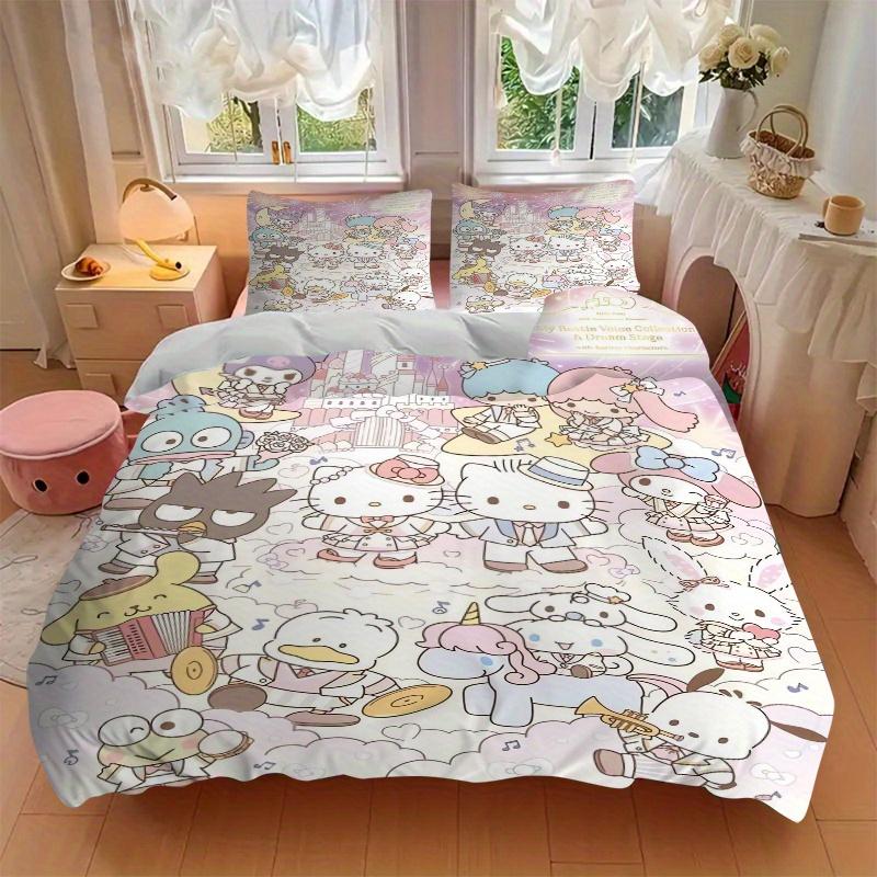 3pcs Sanrio Hello Kitty and Friends Printed Quilt Set - Includes 1 Quilt Cover and 2 Pillowcases, Machine Washable - Suitable for All Seasons.W10