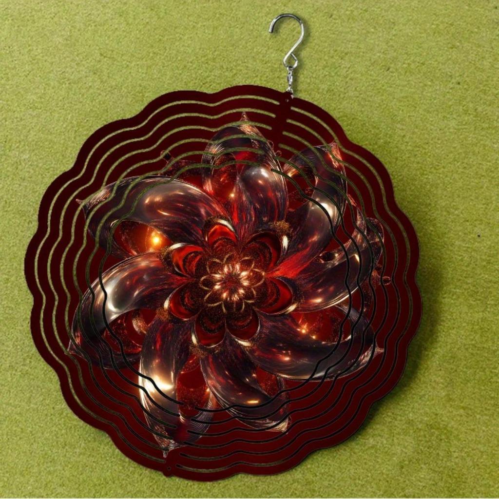 Deep Red Golden Floral Wind Spinner 10 Inch Metal Garden Decor for Outdoor All Seasons 360 Degree Hanging Hook Creative Gift