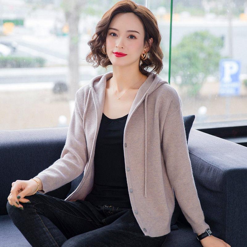 WTEMPO Casual Mode Hooded All-match Gebreide Cardigan Truien Dameskleding Lente en Herfst Effen Kleur Knoop Losse Koreaanse Tops One Size licht kaki kleur