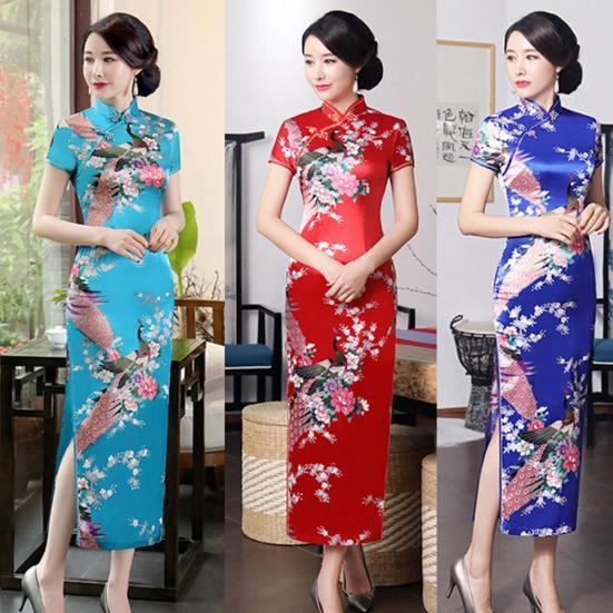 Peacock Print Women Chinese Long Cheongsam Bridesmaid Short Sleeve Evening Dress