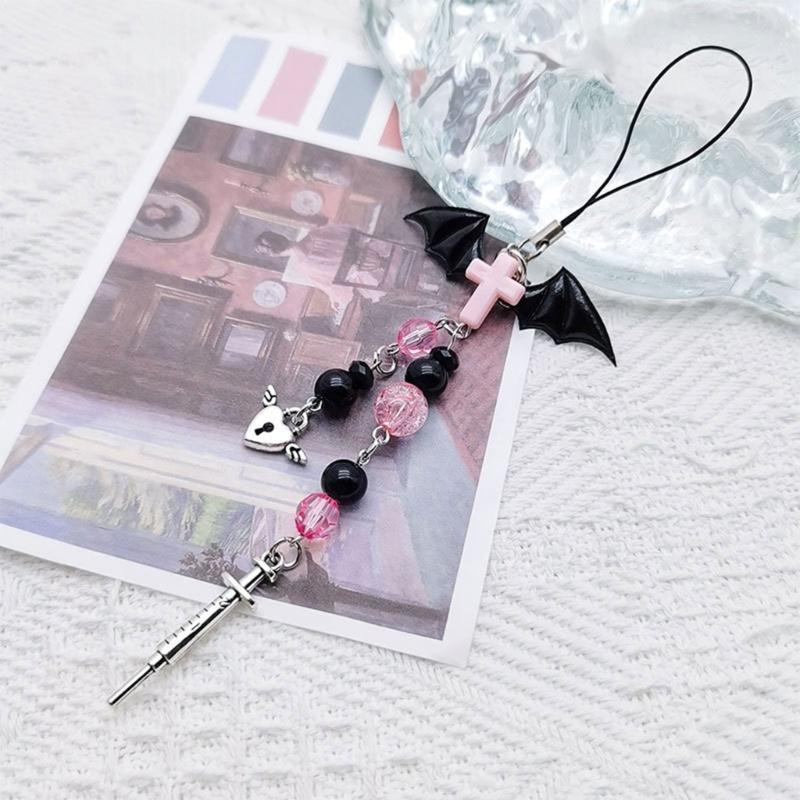 Bow-Love Keychain Crystal Y2k Beaded Phone Lanyard Strap Guitar Charm Cross-Pendant Phone Chain Anti-Lost for Women Girl