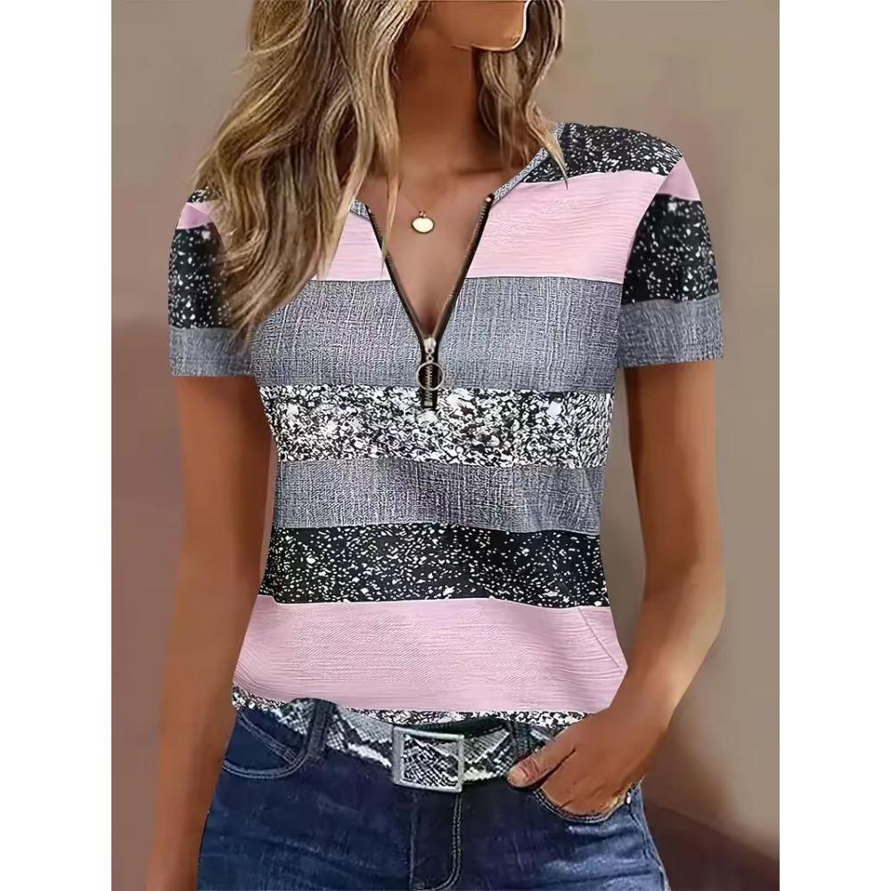 Women's Polo Shirt with Fashionable Zipper and Geometric Design, Summer Loose Short Sleeved T-shirt