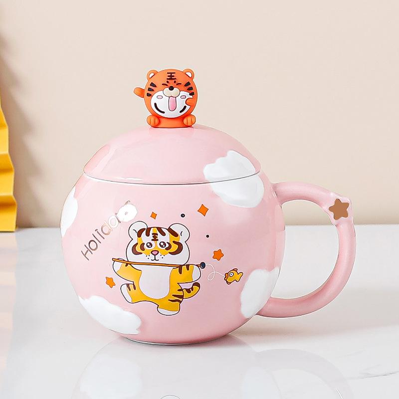 Year of the Tiger Mug with Lid Creative Large Capacity Ceramic Cup Couple Pair Cup Cute Cartoon Coffee Mug for Home Use