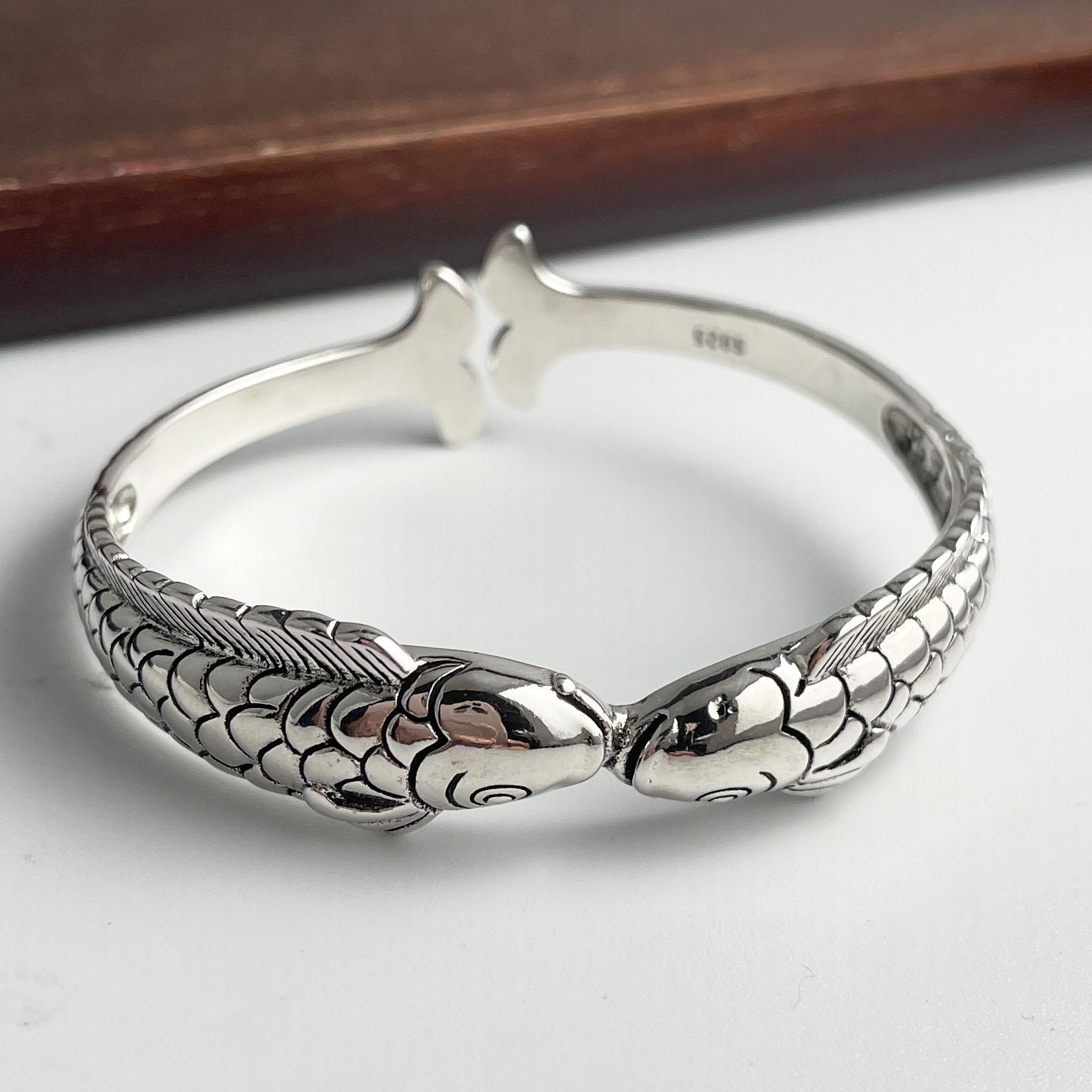 

100% Solid 925 Sterling Silver Retro Bracelet for Women Men Vintage Handmade Wide Fish Shape Simple Bracelet Birthday Gift