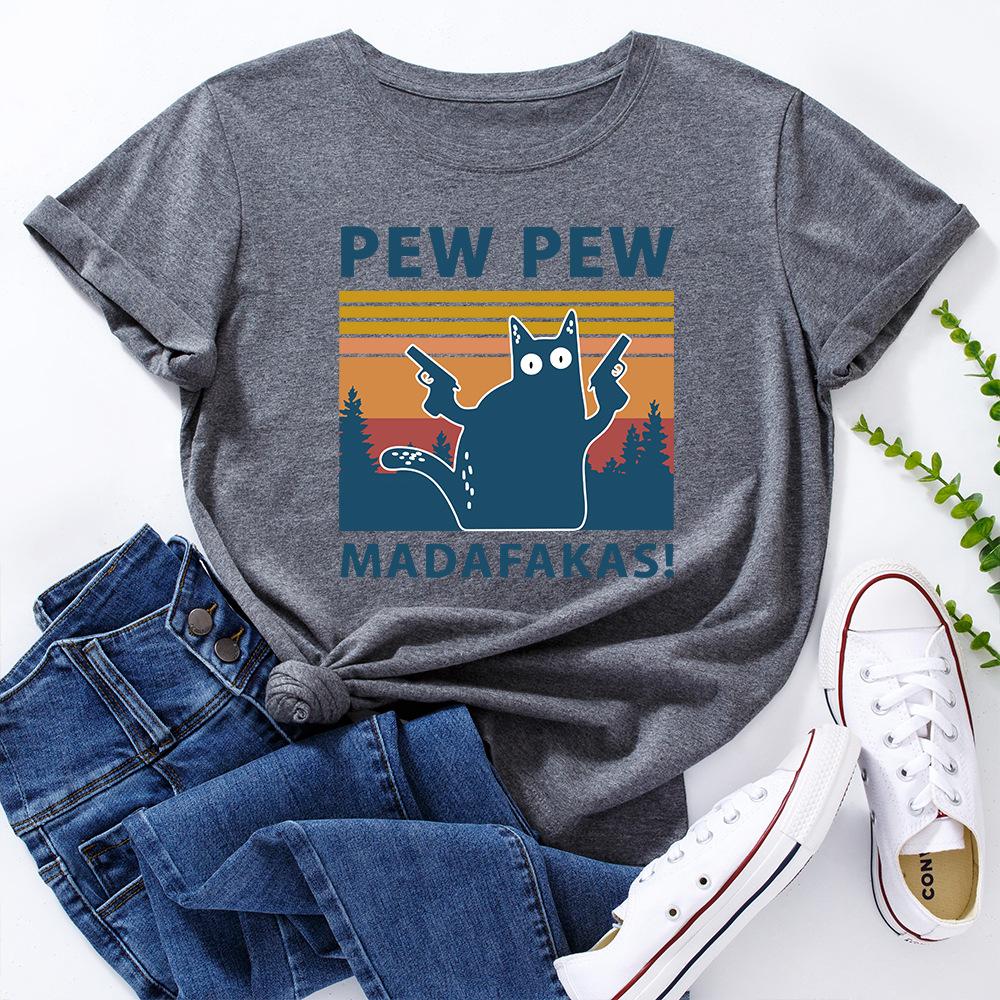 PEW Letters Cotton T-Shirt Short Sleeve Round Neck Women 2d Print Tops
