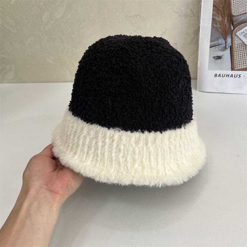 Color Matching Plush Hat Women's Autumn and Winter New Face Small Bucket Hat Cute Thickened Warm Lamb Wool Basin Hat