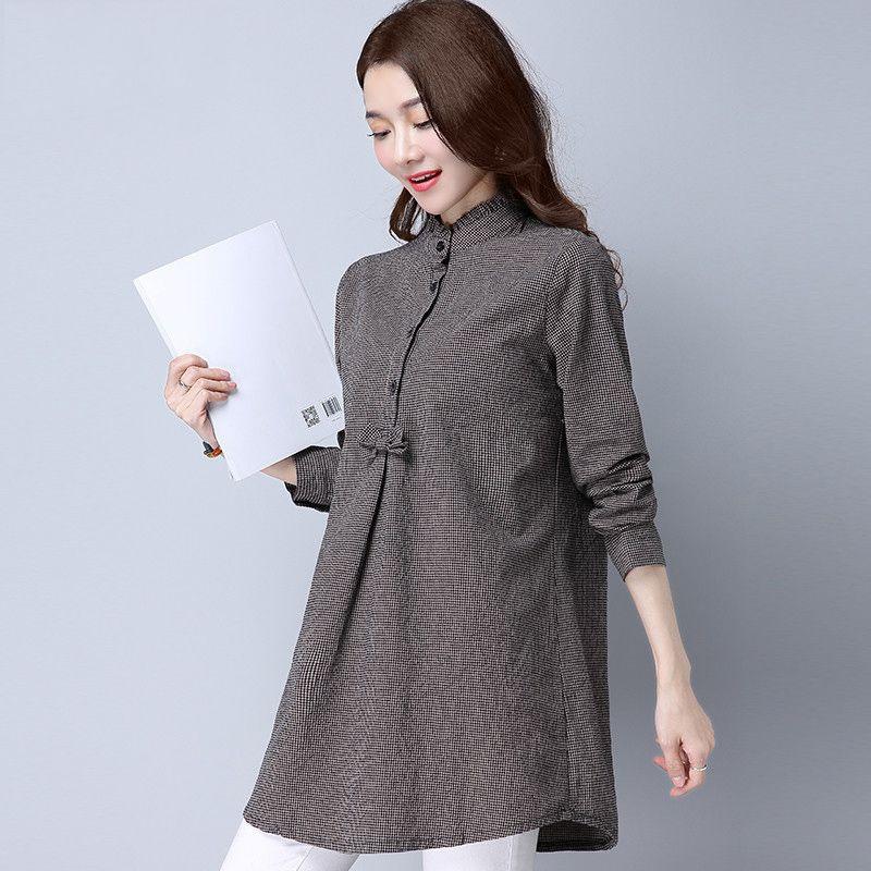 

Cotton Plaid Long Sleeved Shirt for Women Spring and Autumn Medium To Long Standing Collar Plus Size Shirt 2XL чорний