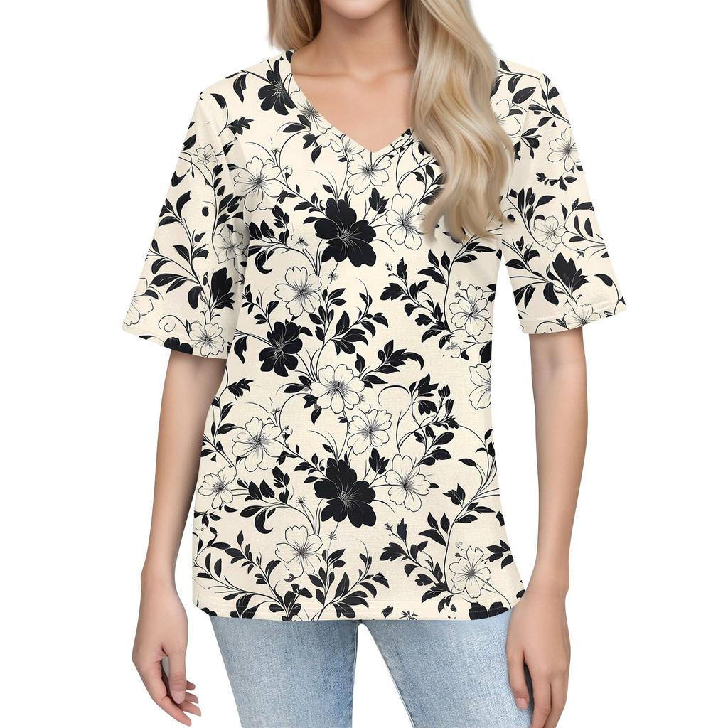 Shirts For Women Trendy V Neck T Shirts Casual Printed Blouse Half Sleeve Tops For Women