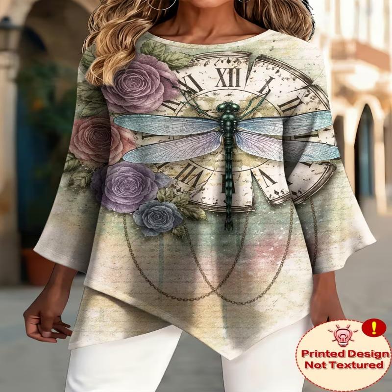 Women's fashionable printed round-neck T-shirt, with asymmetrical cross-over hem design, machine washable