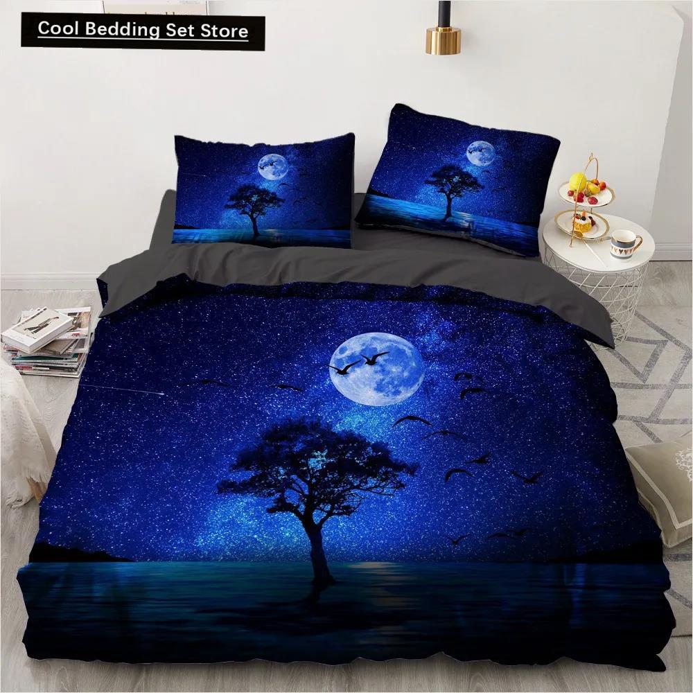 Moon Night Scene King Queen Duvet Cover Red Dark Sky Sunset Clouds Bedding Set Teens Adults Forest 2/3Pcs Polyester Quilt Cover