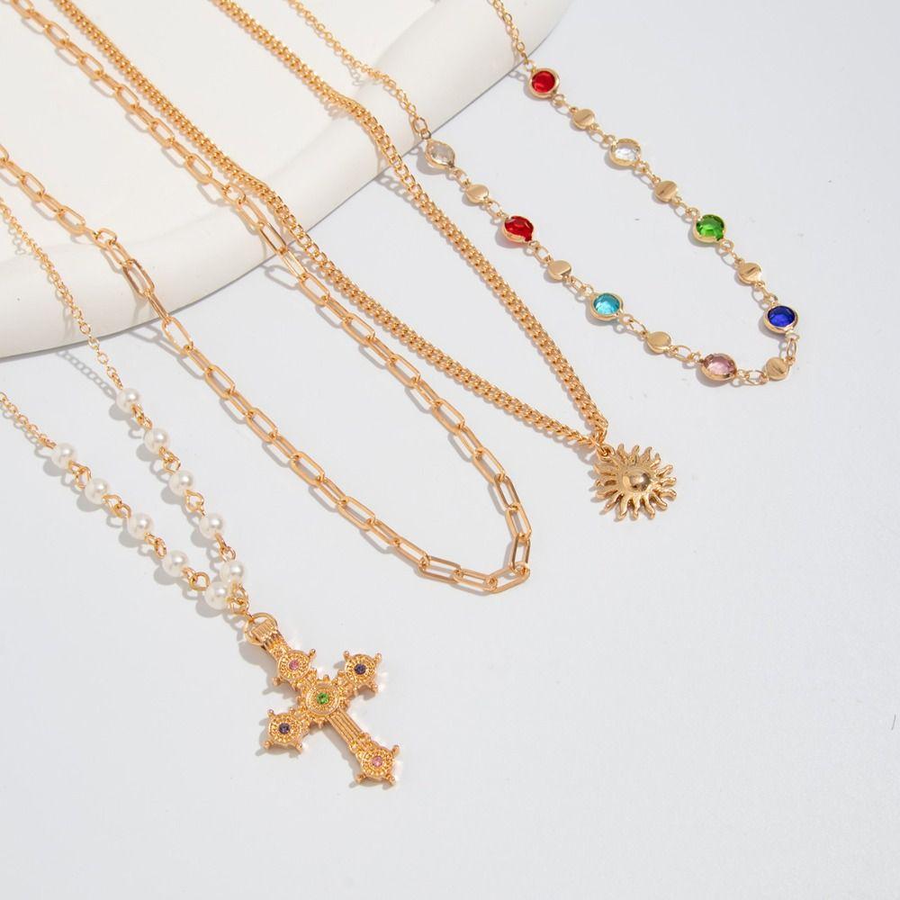 Vintage Ethnic Style Love Pearl Necklace Necklace Set Silver Cross Pendant Necklace Golden Hip Hop Rhinestone Necklace Girls