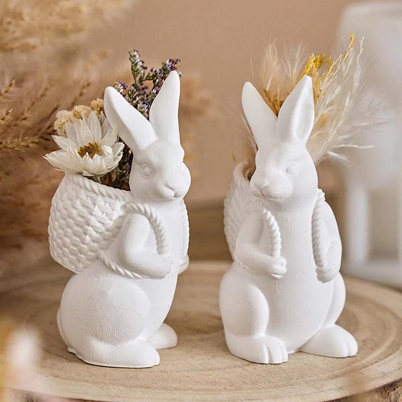 3D Easter Bunny Silicone Mold DIY Cute Animal Basket Rabbit Vase Ornaments Casting Molds Home Plaster Concrete Craft Gift Decor
