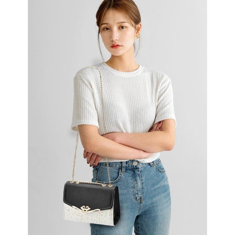 Flip Square Diagonal Cross Bag, Fashionable Metal Chain Metal Decoration Women's Chest Bag, Large Capacity Color Blocking Shoulder Bag
