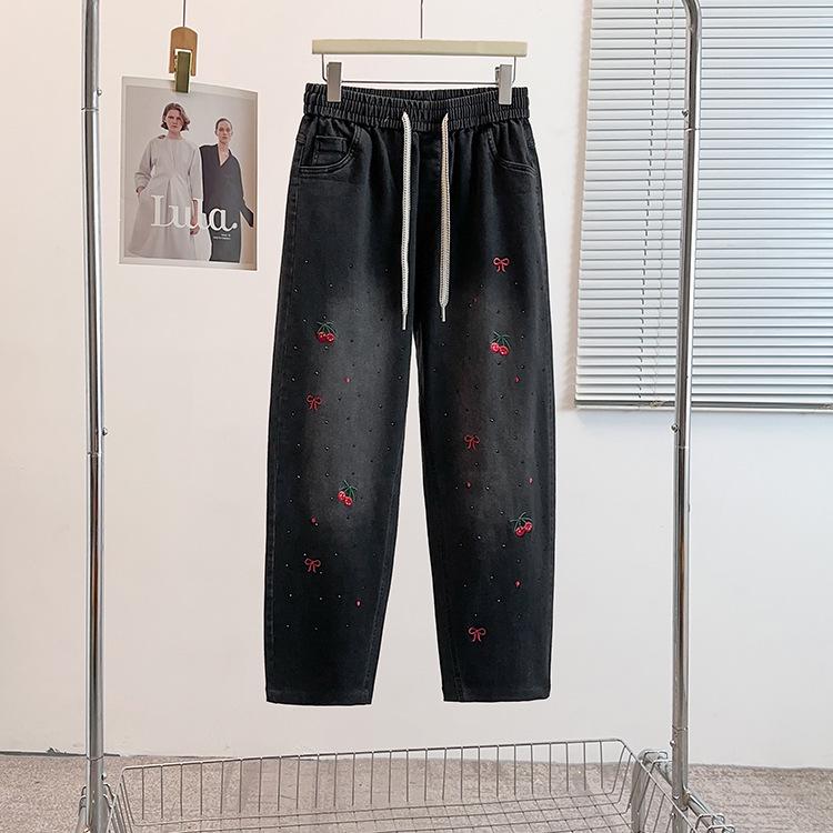 

Early Spring Embroidered Cherry Rhinestone Loose Dad Pants Plus Size Women s Fashion 3XL (120-140 Jin) чёрный