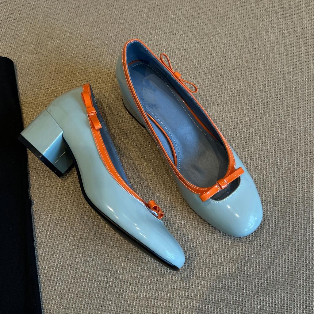 Spring and Autumn New Thick Heel Single Shoes Women's Middle Heel Bow Color Matching Women's Shoes