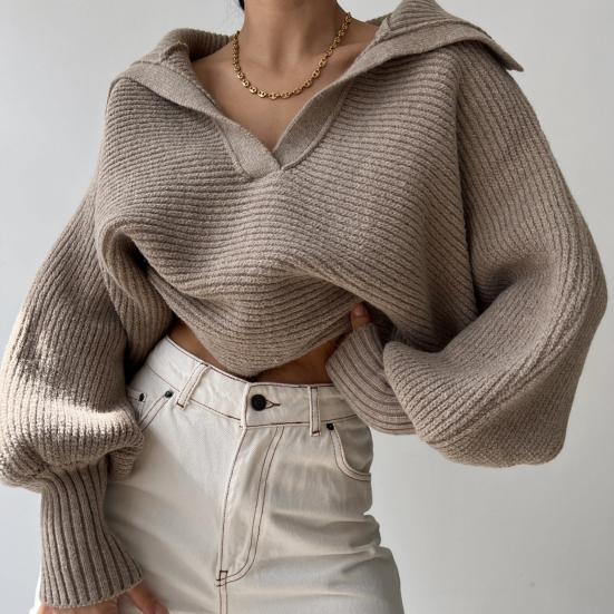 Women Knitting Tops Lapel V-Neck Long Sleeve Solid Color Sweater Loose Fit Warm Knitting Tops Knitwear