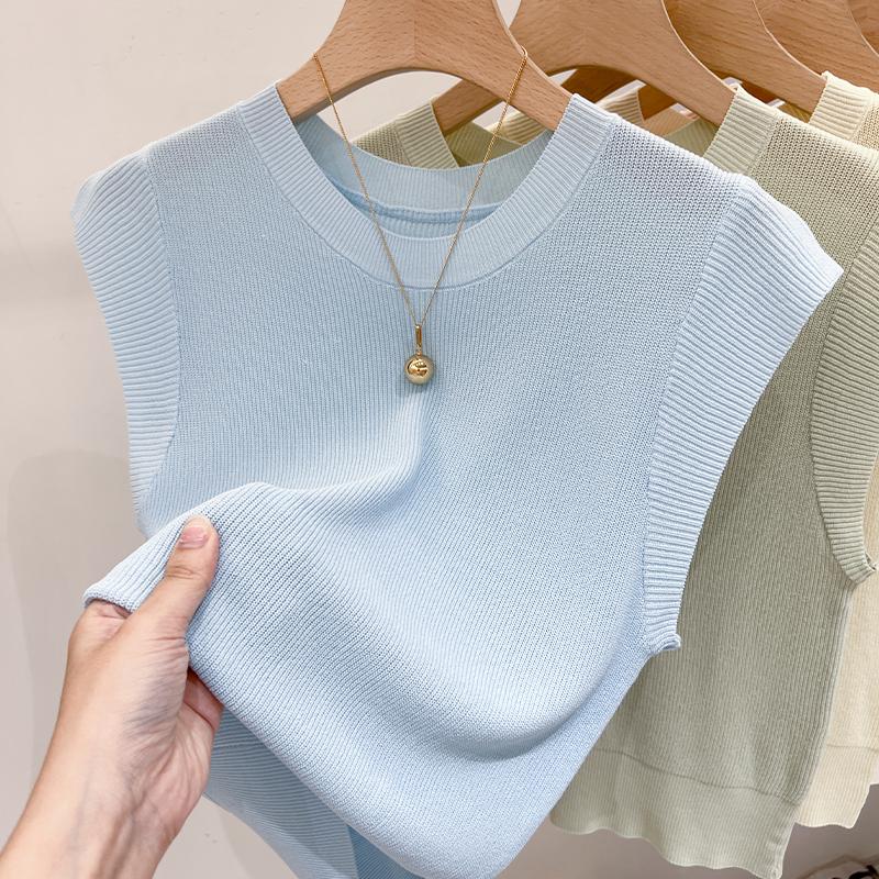 

2025 Весна и лето Ледяной Шелковый трикотажный жилет женский простой облегающий тонкий круглый вырез рубашка модный элегантный повседневный офисный топ без рукавов One size синий