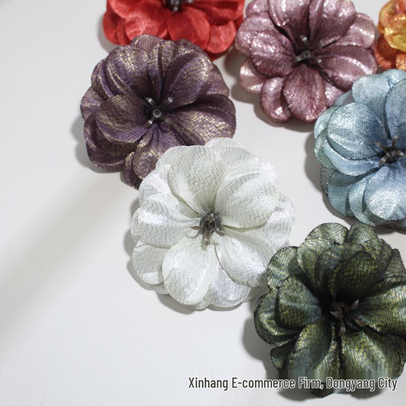 Camellia Gold Thread Artificial Flower Heads for DIY Hairpins and Home Decor Ornaments
