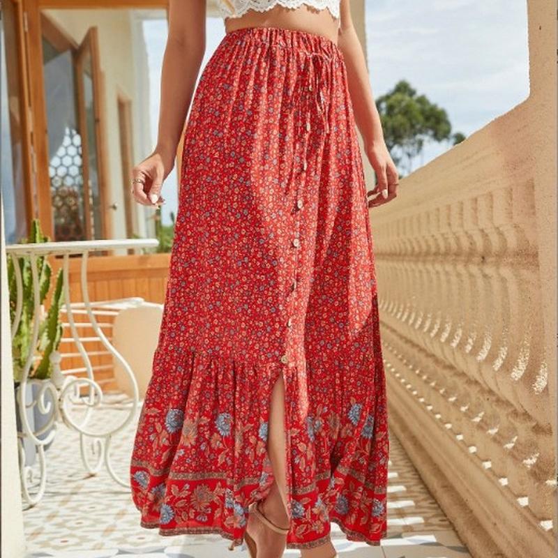 Ladies Fashion Bohemian Floral Split Pastoral Retro Vacation Swing Skirt