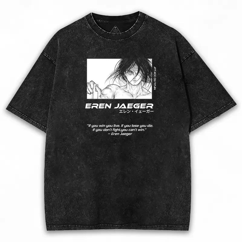 Anime Attack on Titan Eren Jaeger Graphic T-shirt Vintage Washed Oversized T Shirt Men Women Clothing Cotton Short Sleeve Tees