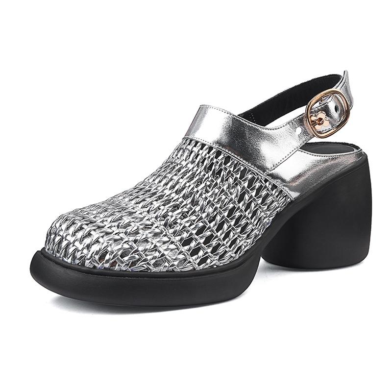 Fashion Women's New Woven Round Toe Genuine Leather Cowhide Thick Sole, Thick Heel, High-heeled Toe, Mueller Sandals, Perforated Shoes