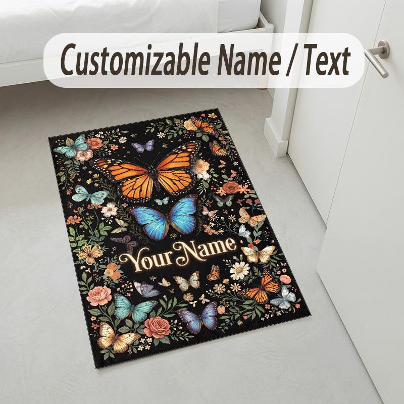 Butterflies Flowers Theme Soft Crystal Velvet Rug Custom Name & Text Print Non Slip Floor Rug for Bedroom Living Room