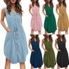 Vestido sin mangas con cuello en V, cierre de botones delanteros, cinturón de corbata y bolsillos. Vestido casual de verano para mujer, ligero y cómodo.