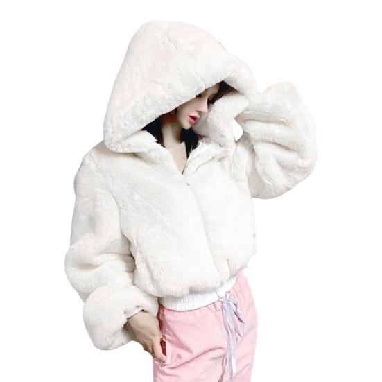 

Осень-зима Женский кардиган Пальто Утолщенный плюшевый капюшон с воротником Свободный ветрозащитный однотонный M белый