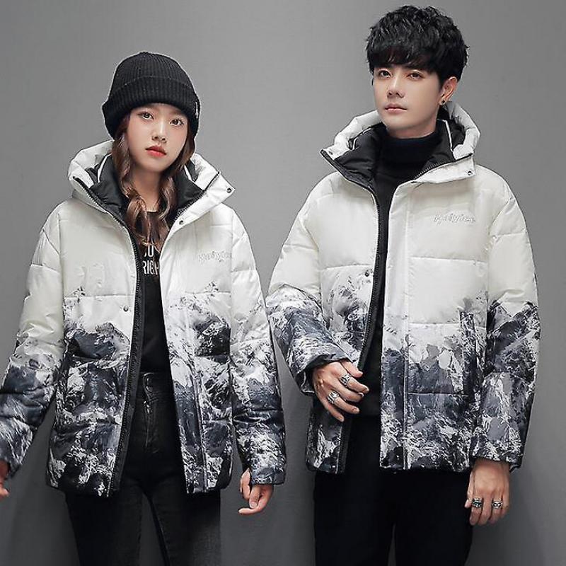 2022 New Arrival Women's Down Jacket Hooded Down Jacket Short Thickened Snow Mountain Print Jacket Trend Couples Down Jacket For Men