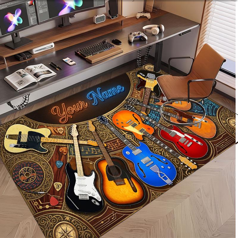 Music Guitar Theme Soft Crystal Velvet Rug Custom Name & Text Print Non Slip Floor Rug for Bedroom Living Room
