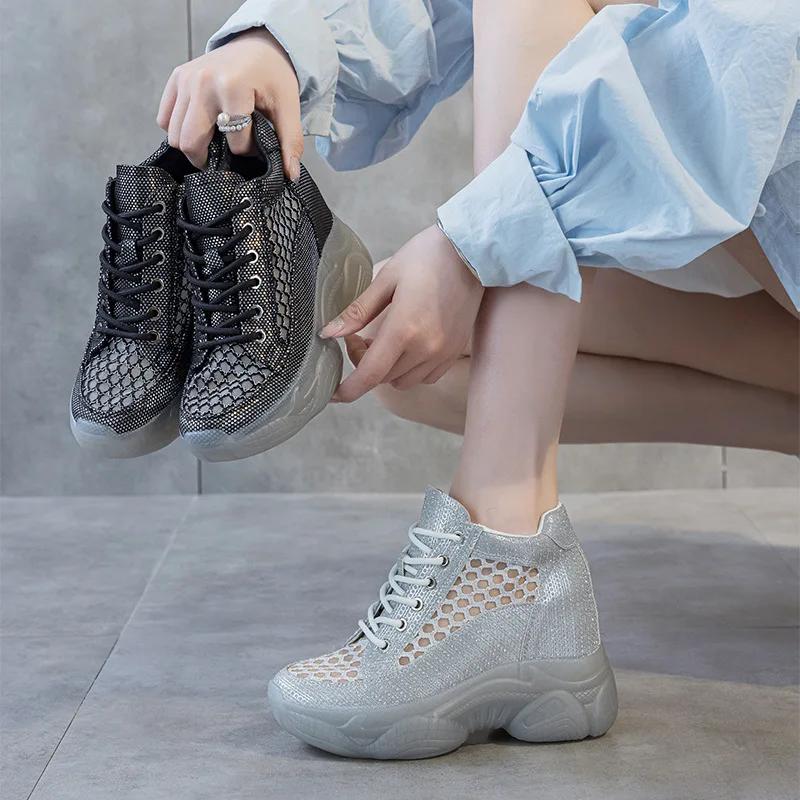Fashion 8CM Air Mesh Synthetic Microfiber Chunky Sneakers Summer Women Shoes Platform Wedge Hidden Heels Sandals Leather Pumps Flats