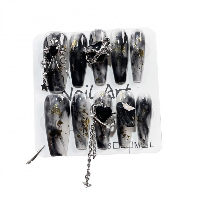 Handmade Press-On Nails Long Style Dark Ombre Goth Chic With Cross Heart Star Charms Women