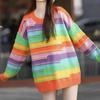 Lazy wind rainbow contrasting color knitted sweater women's autumn and winter new loose casual striped pullover sweater women