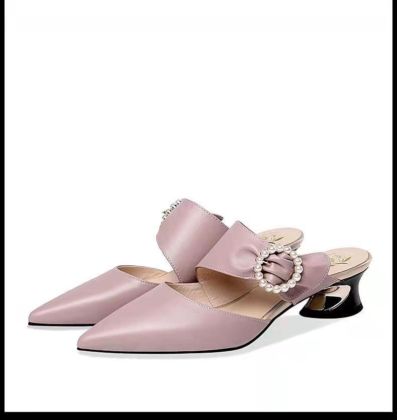 

European and American fashion pointed high heels soft sole commuter bag head slippers outer wear 2025 summer new foreign trade shoes 40 розовый